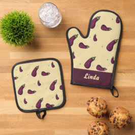 Paarse aubergines op geel ovenwant & pannenlap set