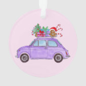 Paarse auto met kerstcadeaus ornament (achterkant)
