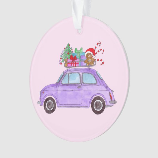 Paarse auto met kerstcadeaus ornament (voorkant)