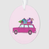 Paarse auto met kerstcadeaus ornament (voorkant)