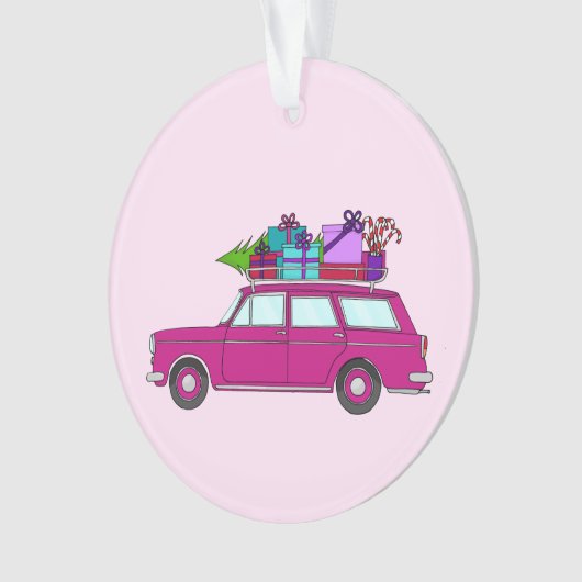 Paarse auto met kerstcadeaus ornament (voorkant)