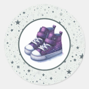 Paarse baby hoge sneakers baby shower ronde sticker
