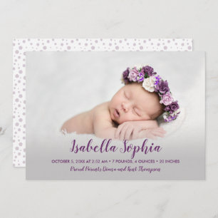Paarse Baby Meisje Foto Geboorte Aankondiging