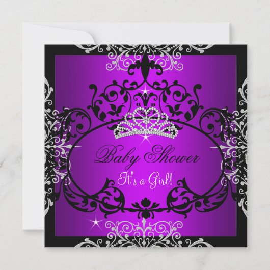 Paarse baby shower meisje prinses tiara zwarte kan kaart (Voorkant)