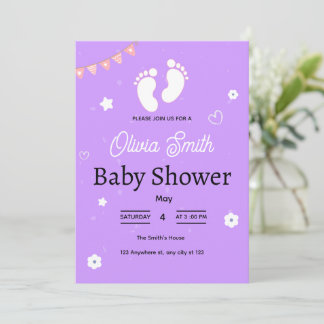Paarse baby shower uitnodiging met babyvoetjes.