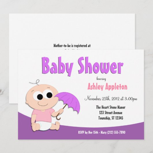 Paarse Baby-umbrella - Shower-uitnodigingen Kaart (Voorkant / Achterkant)