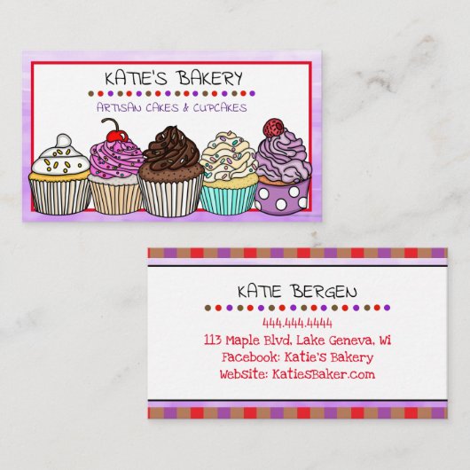 Paarse bakkerij | Cute Whimsical Cupcakes Visitekaartje (Voorkant / Achterkant)