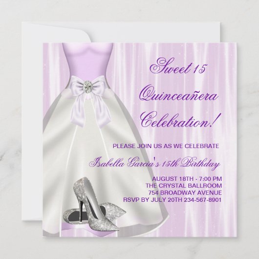 Paarse Ball Gown Hoge Heel Schoenen Quinceanera Kaart (Voorkant)