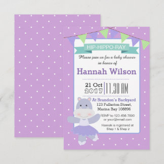 Paarse Ballerina Hippo Baby shower uitnodiging