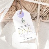 Paarse ballon, groen, gebladerte, eerste verjaarda cadeaulabel