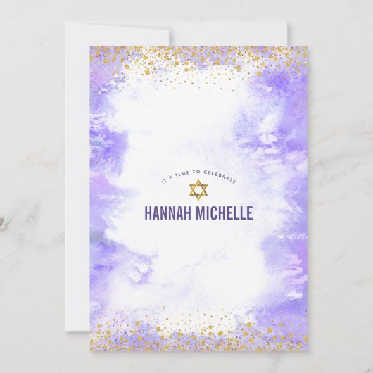 Paarse Bat Mitzvah Gold Foil Waterverf Modern Kaart (Achterkant)