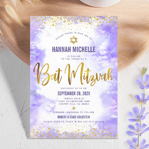 Paarse Bat Mitzvah Goud Folie Waterverf Modern Kaart