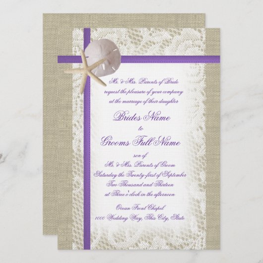 Paarse Beach Burlap en  kant bruiloft Kaart (Voorkant / Achterkant)