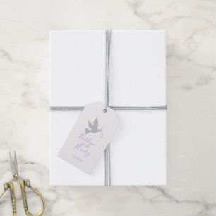 Paarse bedankt voor de bruiloft met grijze duif cadeaulabel