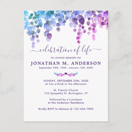 Paarse begrafenisviering van het leven uitnodiging briefkaart (Voorkant)