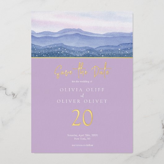 Paarse bergen die de datum bewaren folie uitnodiging (Voorkant)