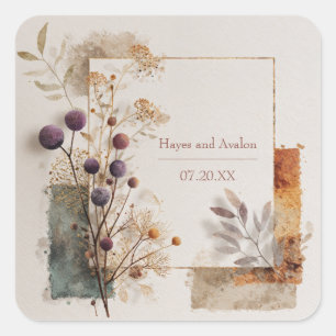 Paarse Bes Botanische Gouden Lijst Moderne Trouwfe Vierkante Sticker