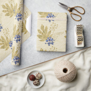 Paarse bessen en gouden bladeren op Bord geel Cadeaupapier