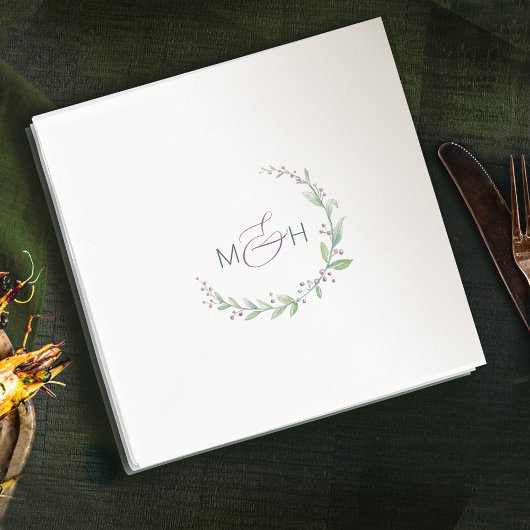Paarse bessen groen gebladerte monogram bruiloft servet