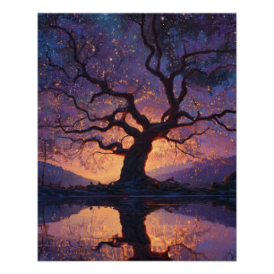 Paarse betoverde boomreflectie kunst bij schemerin perfect poster