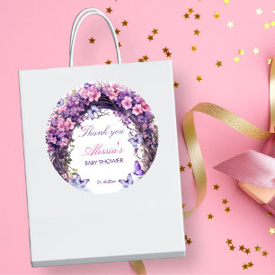 Paarse betoverde tuin fee baby shower gunst ronde sticker