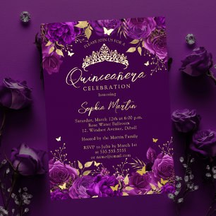 Paarse Betoverende Bloemige Vlinder Quinceanera Folie Uitnodiging