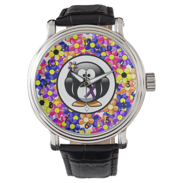 Paarse bewustwording Ribbon Penguin Horloge (Voorkant)