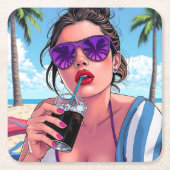 Paarse bikini, zonnebril en bandana vrouw vierkante kartonnen onderzetter (Voorkant)