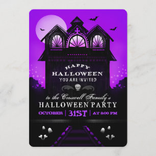 Paarse Black Haunted House Halloween Party Uitnodi Kaart