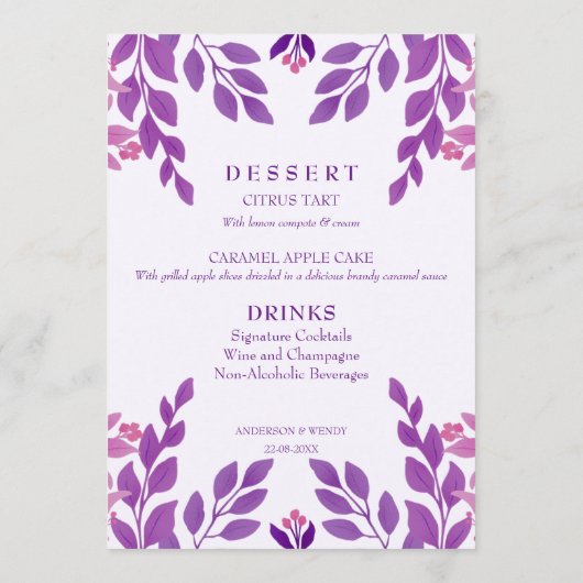 Paarse bladeren bruiloft thema menu (Achterkant)