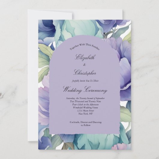 Paarse Blauw Groene Bloemboog Wedding Kaart (Voorkant)