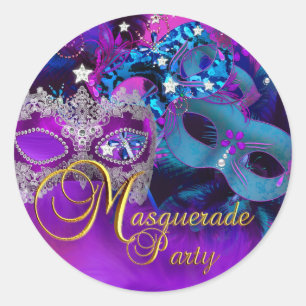 Paarse Blauw & Roze Maskers Maskerade Party Sticke Ronde Sticker