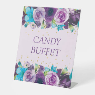 Paarse Blauwe Aquarel Bloem Candy Buffet Reclamebord Met Voetstuk