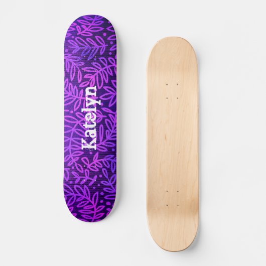 Paarse Blauwe Bladpatroon Blad Vet Aangepaste Naam Skateboard (Voorkant)