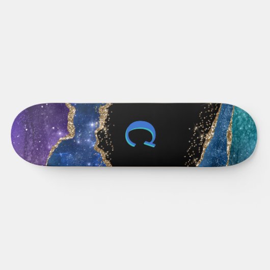 Paarse, blauwe, Blauwgroen en goudglittermonogramm Skateboard (Horizontaal)