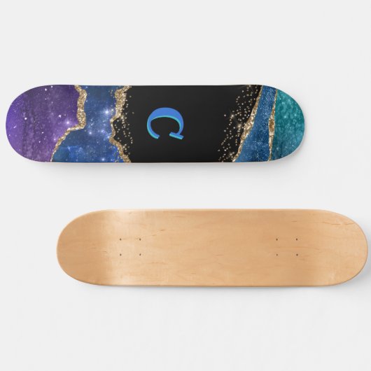 Paarse, blauwe, Blauwgroen en goudglittermonogramm Skateboard (Horizontaal)