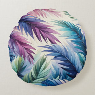Paarse Blauwe Blauwgroen Tropische Palmbladeren Rond Kussen