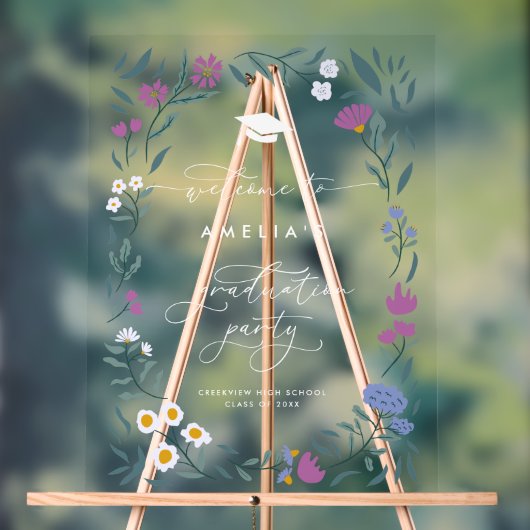 Paarse Blauwe Bloemen Afstuderen Party Sign Acryl Bord (Neutraal)