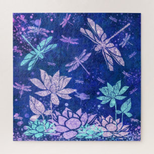 Paarse blauwe bloemen en libellen Jigzaag Puzzle Legpuzzel