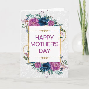 Paarse Blauwe Bloemen & Gouden Glitter Moederdag Kaart