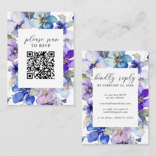 Paarse Blauwe Bloemen QR Code Bruiloft RSVP Informatiekaartje (Voorkant / Achterkant)