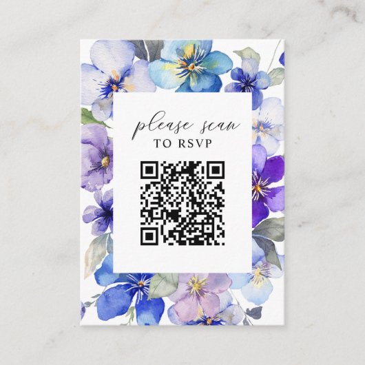 Paarse Blauwe Bloemen QR Code Bruiloft RSVP Informatiekaartje (Voorkant)