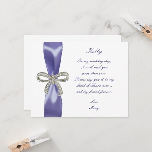 Paarse Blauwe Diamant Boog Bruidsmeisje Verjaardag Kaart (Voorkant / Achterkant in situ)