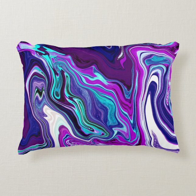 Paarse, blauwe en Blauwgroen Abstracte Fluid Art Accent Kussen (Voorkant)