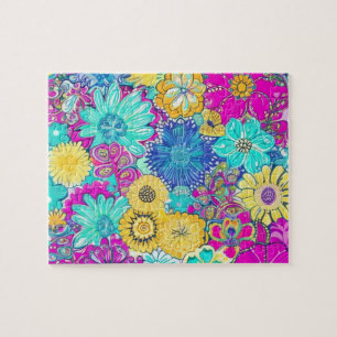 Paarse, Blauwe en Gele Bloemenpatroon Legpuzzel