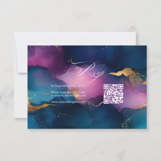 Paarse, blauwe en gouden alcoholinkt QR-code bruil RSVP Kaartje (Voorkant)