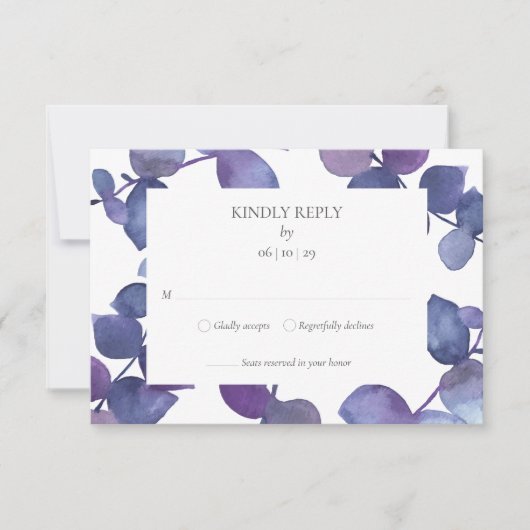 Paarse Blauwe Eucalyptus Bladeren Bloemige RSVP (Voorkant)