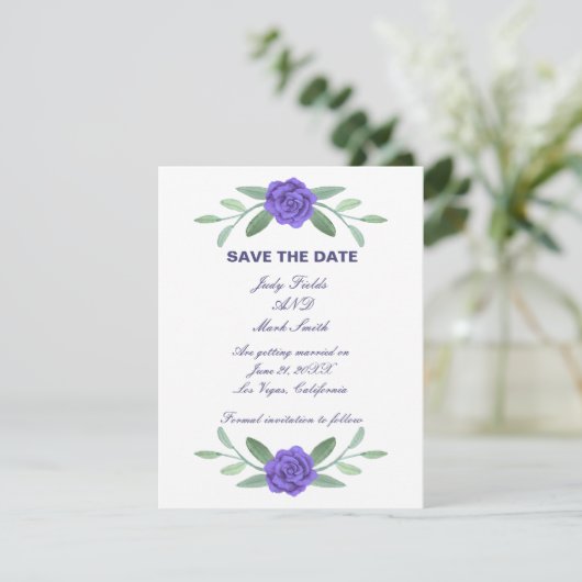 Paarse Blauwe Floral Greenery Foliage Save the Dat Aankondiging (Staand voorkant)