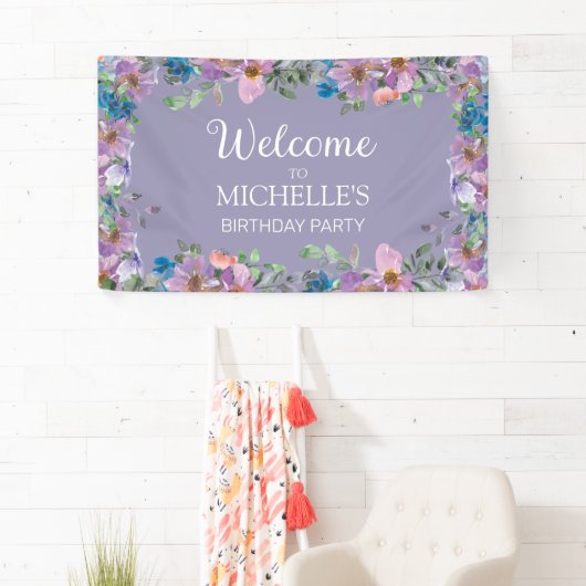 Paarse Blauwe Florale Vrouwendag Welkom Spandoek (Insitu)