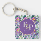 Paarse Blauwe Florals Monogram Weddenschap Favor Sleutelhanger (Voorkant)
